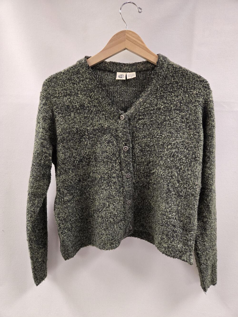 River Road Sweater Womens Medium Olive Green Boucle Button Front Cardigan Knit